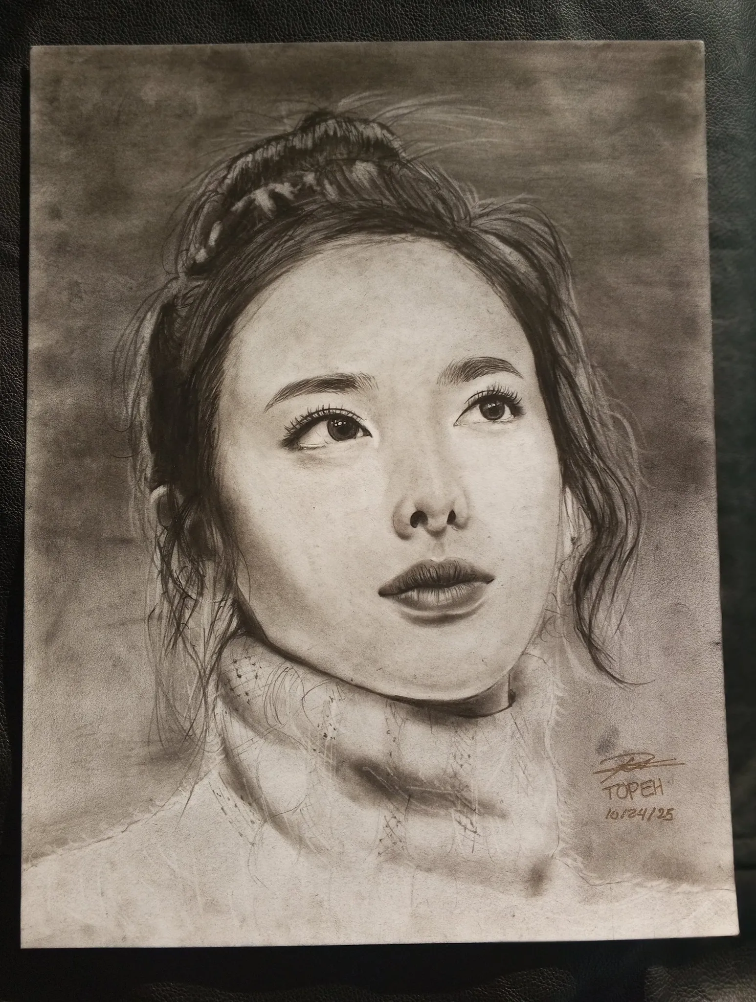 Charcoal pencil portrait of Nayeon from TWICE K-pop group, by portrait artist TOPEH